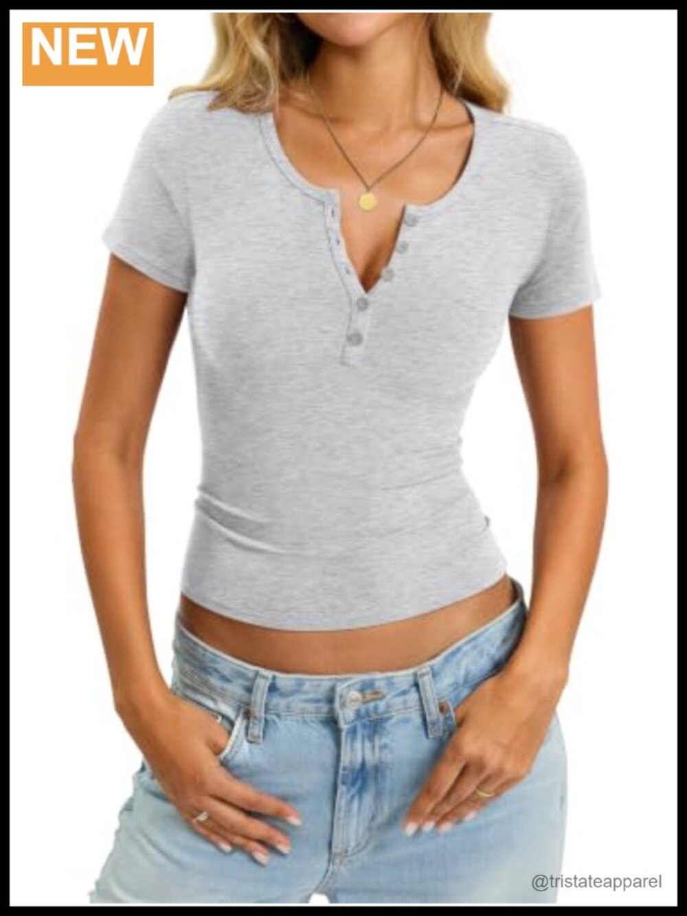Womens Cotton Short Sleeve V Neck Henley Top Button Down Fitted Tee